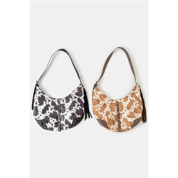 Fame Cow Print Hobo Shoulder Bag with Studded Details - Picture 3 of 3